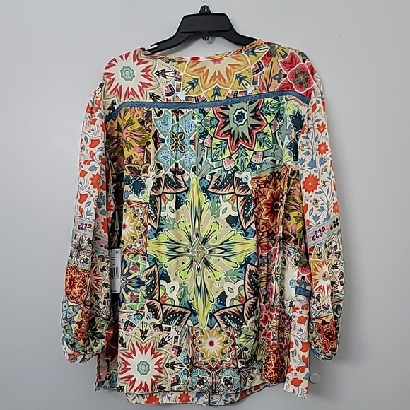 John MarkWoven Floral Print Split Neck 3/4 Cuffed  Tassel Tie Embroidered Tunic - Picture 6 of 10